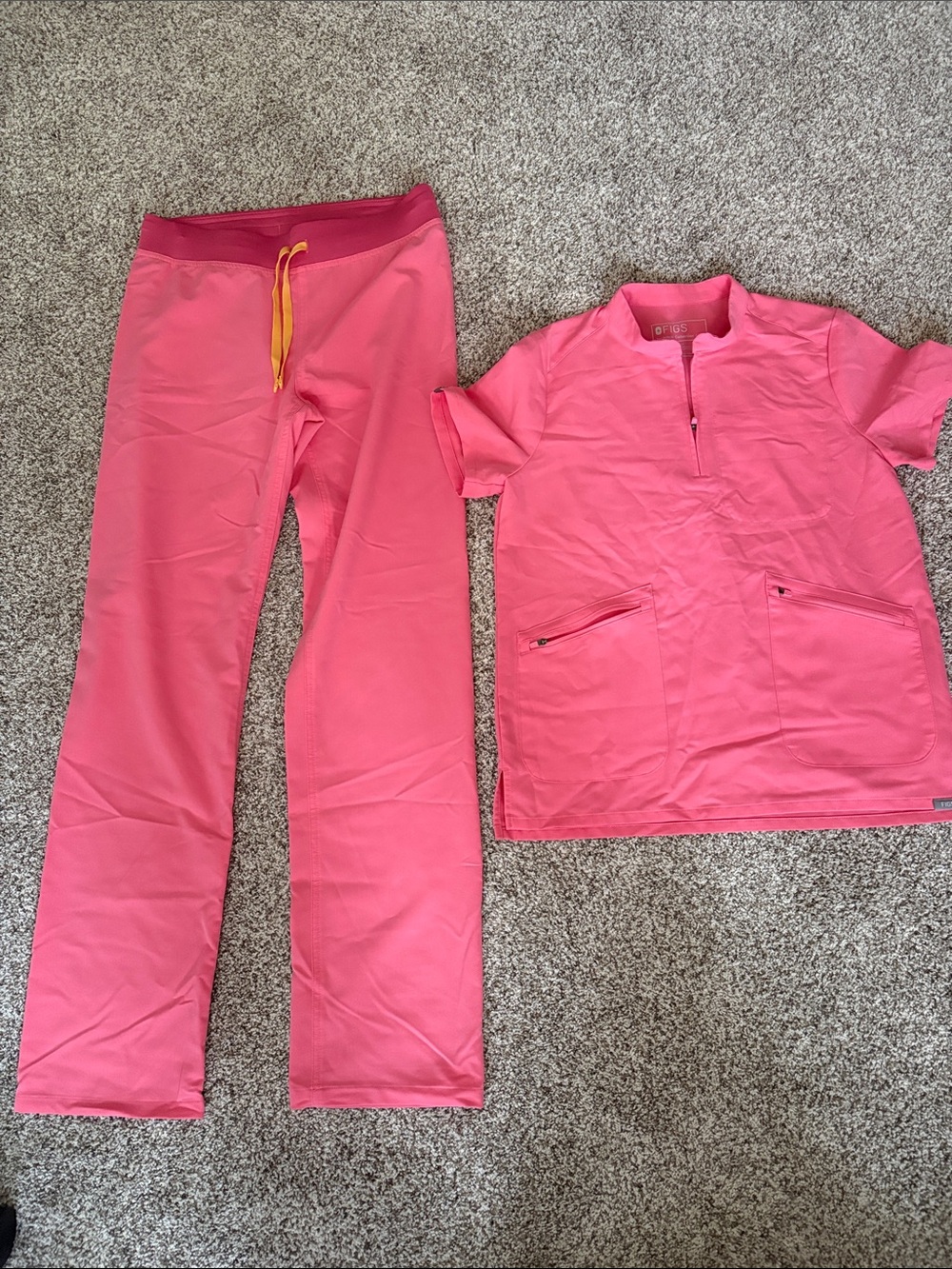 Figs Coral Pink Scrub Top and Pants with Yellow Drawstring